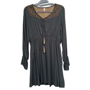 L Love Boho Lined Olive Green Dress Knee Length Tassels Tie Women's Medium